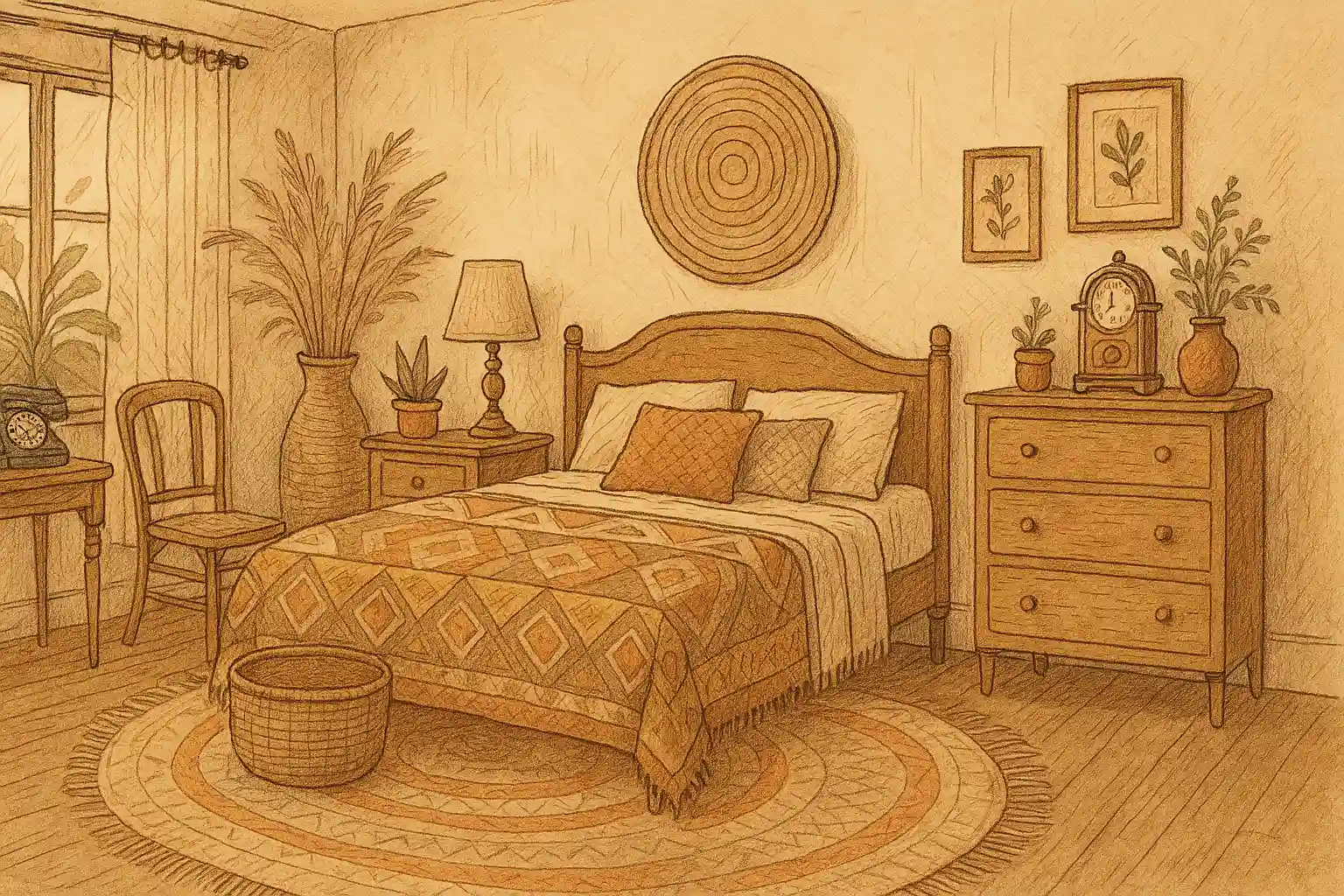 A vintage-styled bedroom with many flowers and decorative items on the walls