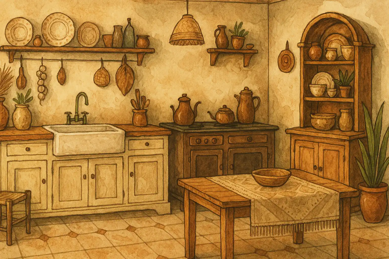 A cozy kitchen with wooden tables and many vintage items in it.