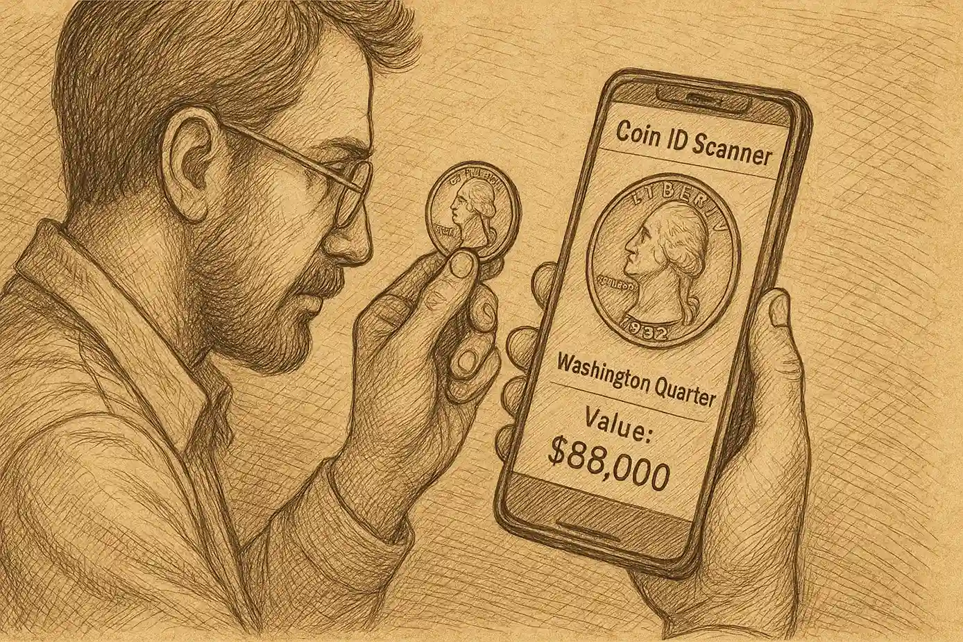 A skill coin collector is checking the value of a quarter via the Coin ID Scanner app.