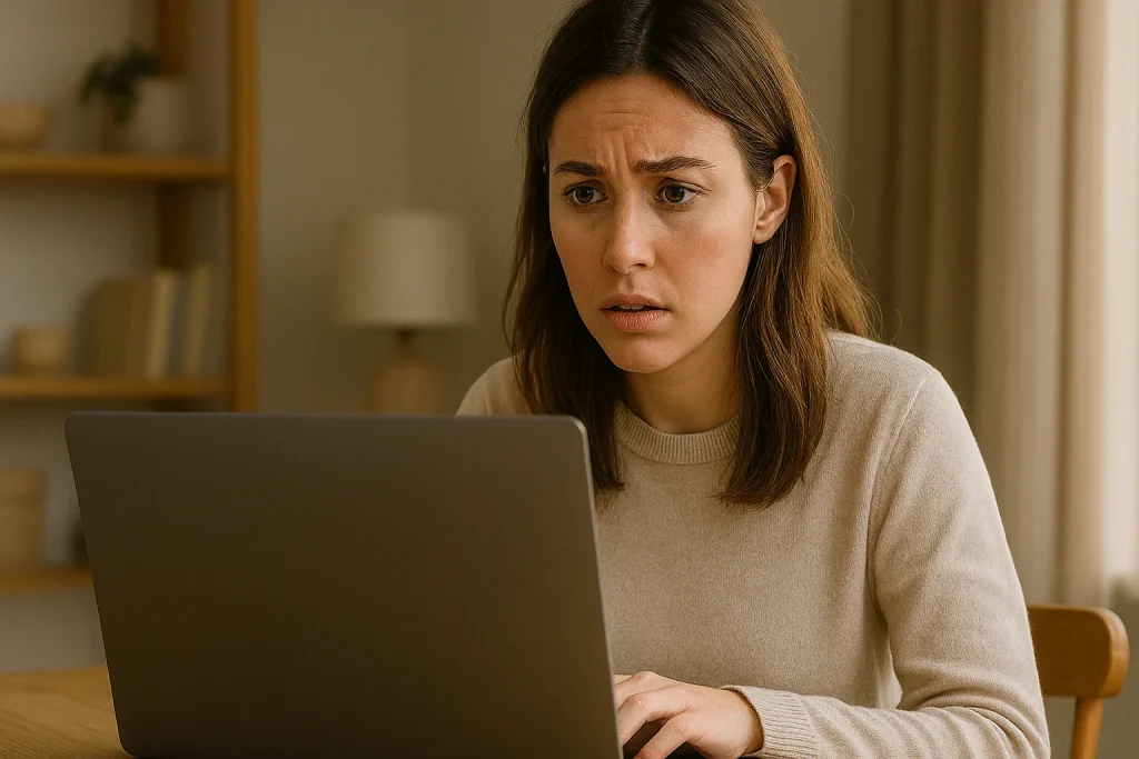 A young woman in a beige sweater focuses intently on her laptop trying to find someone's address using only the name of a person.
