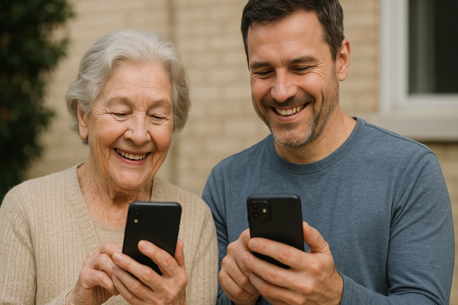 An elderly woman and her adult son stand side by side, smiling as they look at their smartphone screens together.