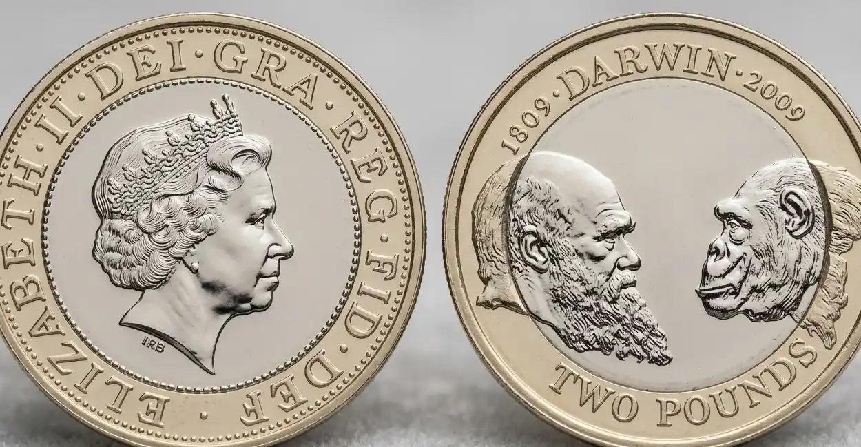 Close-up of a well-preserved Darwin 2 pound coin